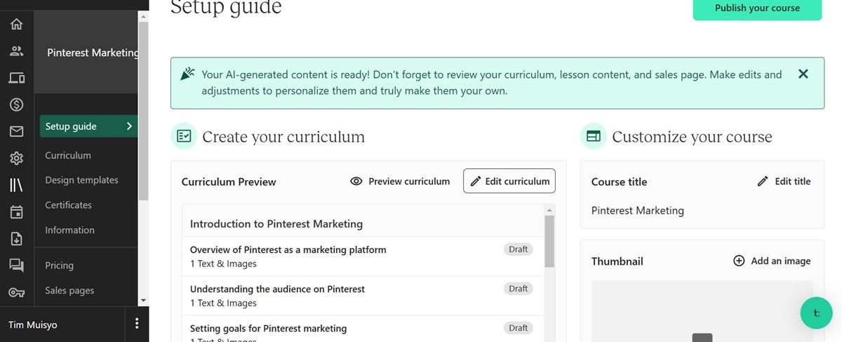 Teachable's course building interface